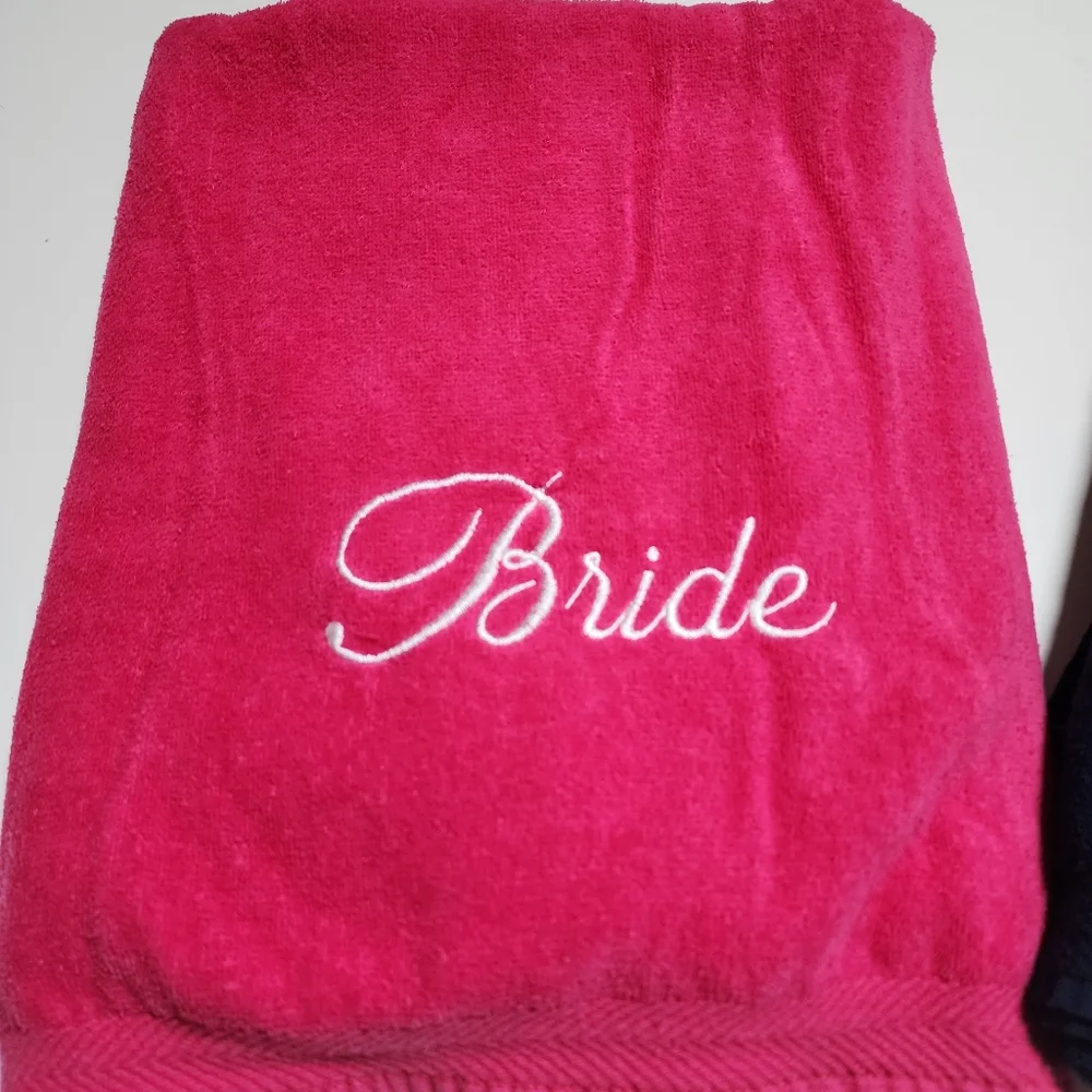Bride and Groom beach towels set of two honeymoon beach towels Pink and Blue